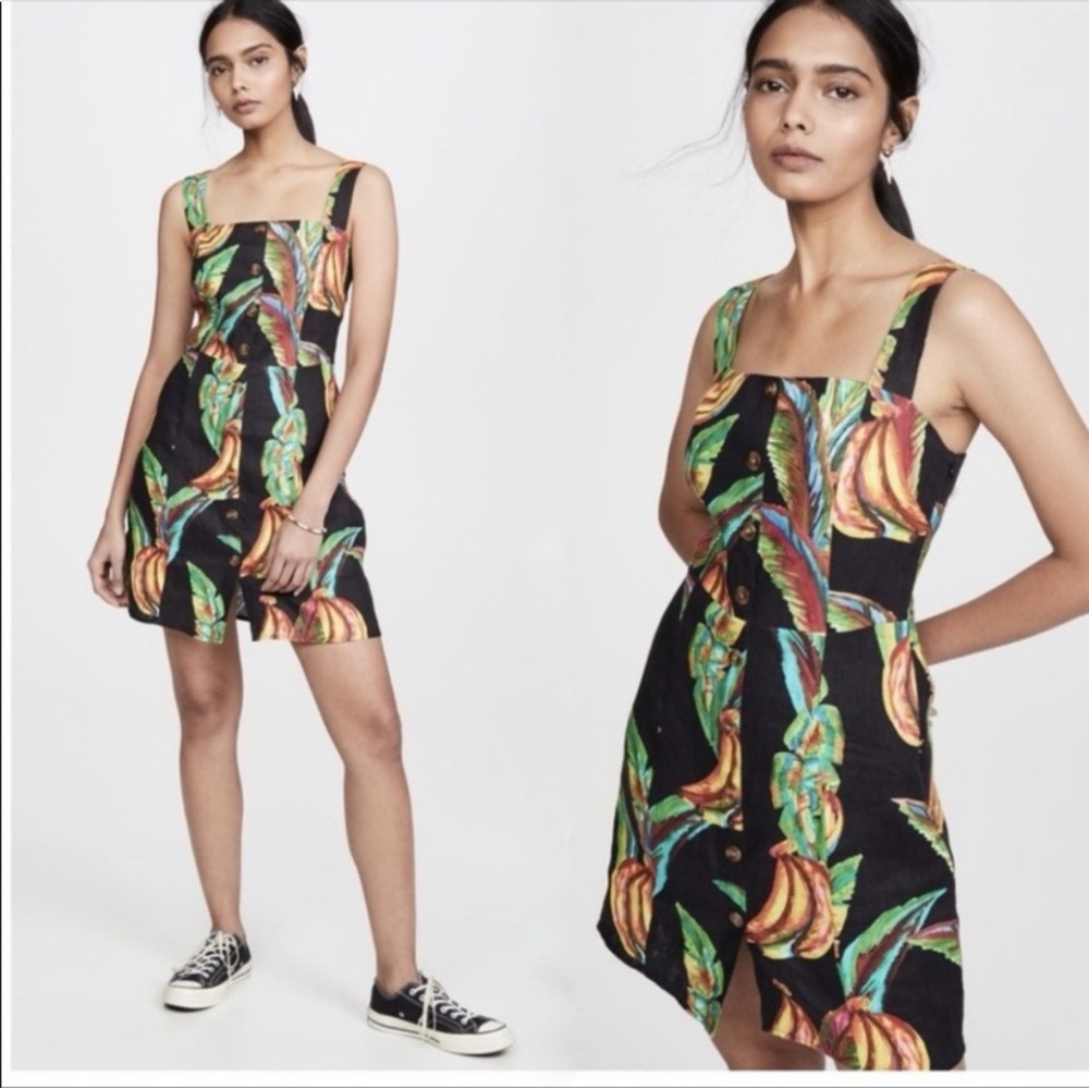 Price Firm Farm Rio Dress L Black Green Multi Preta Banana Print Linen Mini